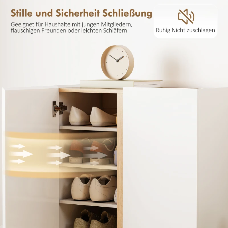 HOMCOM Schuhschrank mit Soft-Close-Funktion, 6-stufiges Design ohne Griffe, fasst bis zu 18 Paare, für Flur, Eingangsbereich, Holz, Weiß(m-6)