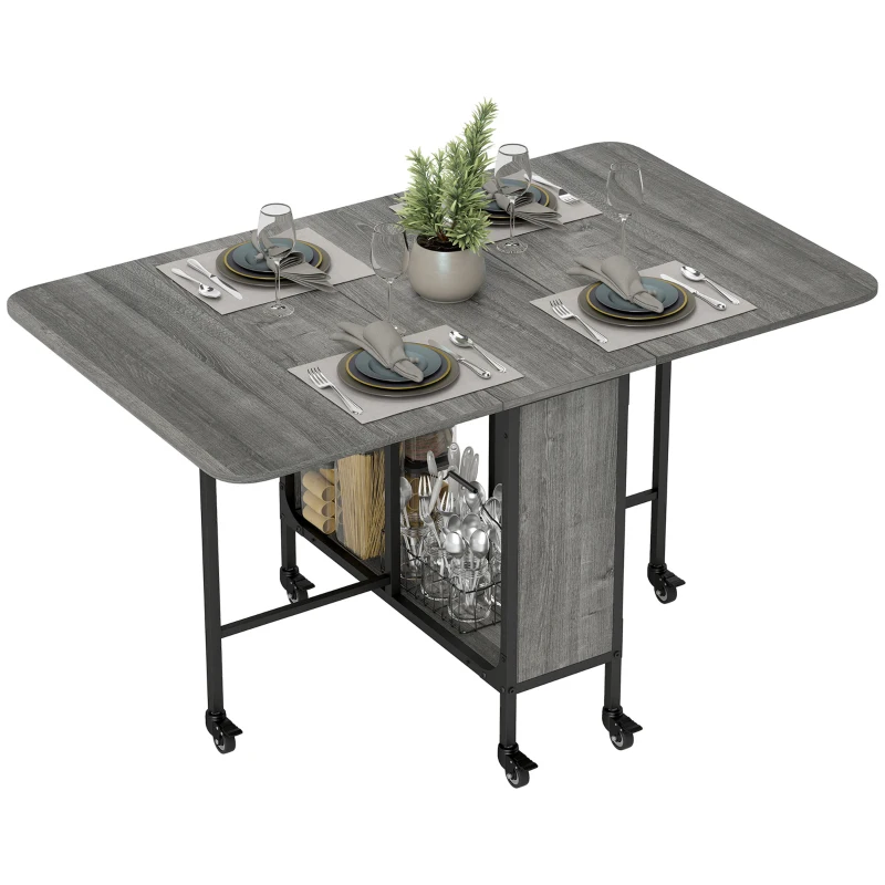HOMCOM Table pliante de cuisine extensible salle à manger sur roulettes jusqu'à 6 personnes étagère intégrée, 6 roues, Gris