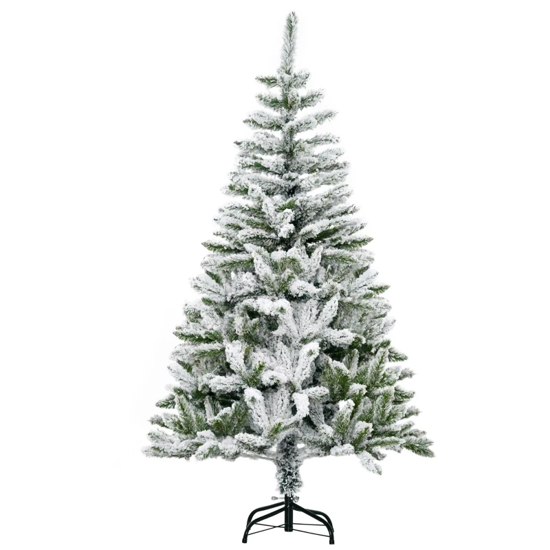 HOMCOM 5 Ft Snow Flocked Artificial Christmas Tree Xmas Pine Tree with Realistic Branches, Auto Open and Steel Base, Green