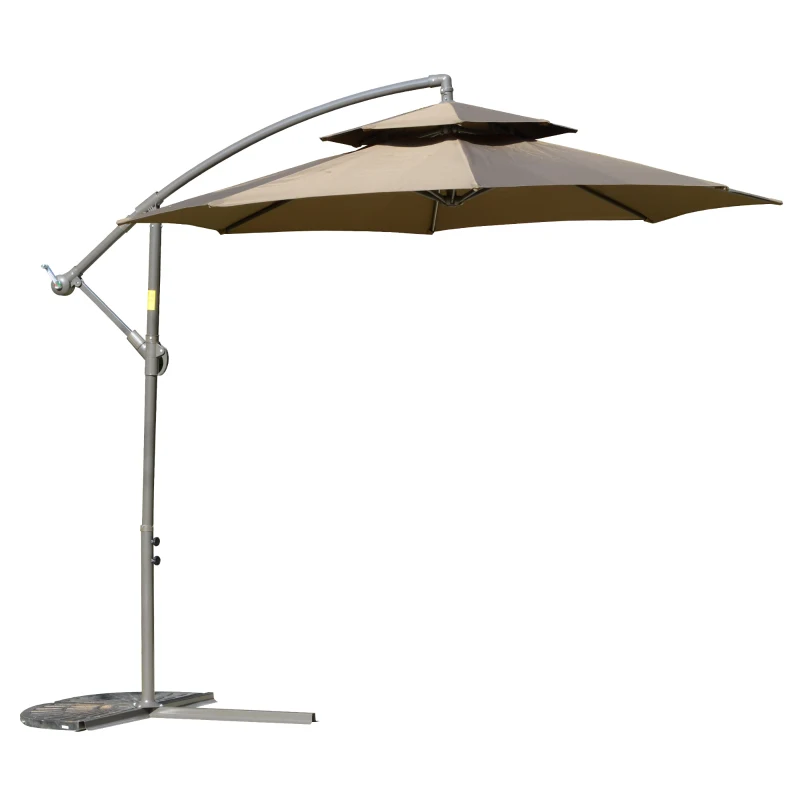 Outsunny Parasol déporté octogonal double toit inclinable manivelle avec pied en croix acier polyester Ø 2,67 x 2,65H m marron