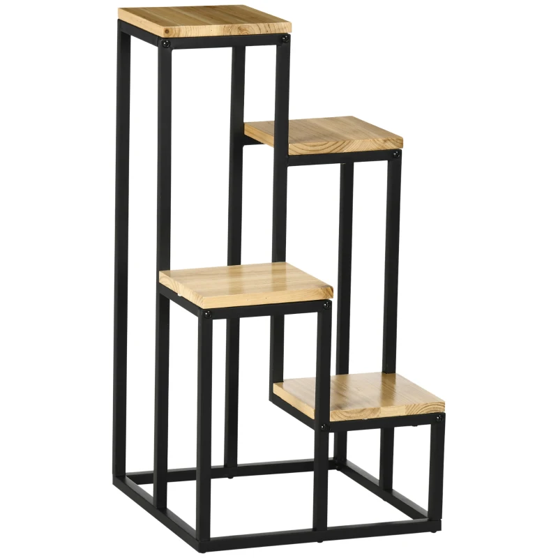 Outsunny Raft pentru Plante cu 4 niveluri din Metal și Lemn de Brad pentru Interior și Exterior, 34x34x66 cm, Natural