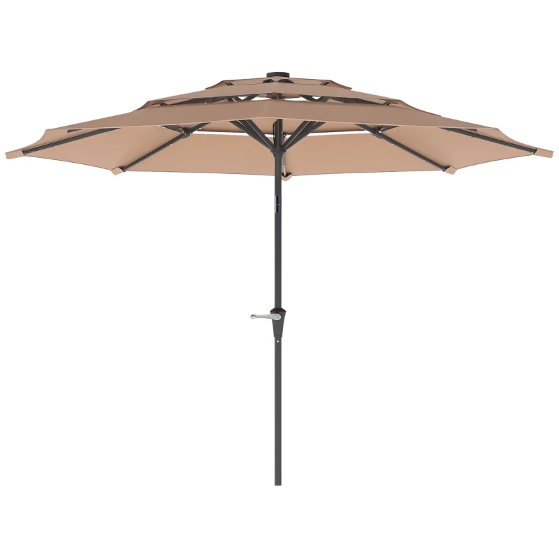 Outsunny 3-Tier Garden Parasol with Solar LED Lights, UPF 30+, Tilt Mechanism & Crank Handle, for Market Terrace, Khaki