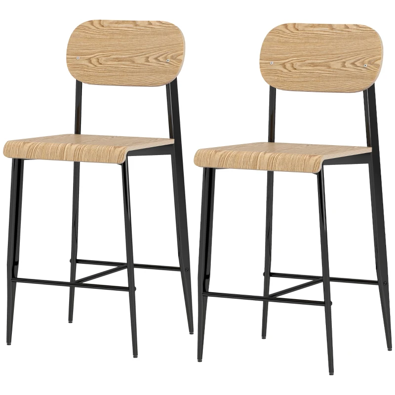 HOMCOM 2er-Set Barhocker, Barstühle mit Rückenlehne und Metallgestell, Holz, Hellbraun
