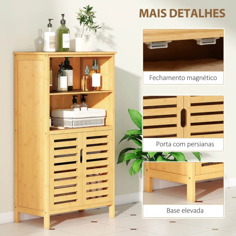 kleankin Armário Casa de Banho de Bambu Móvel Auxiliar Casa de Banho com 2 Portas 2 Prateleiras Abertas 50x29x92 cm Madeira
