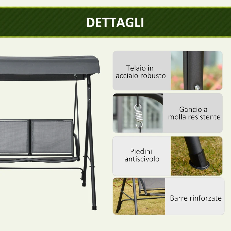 Outsunny Dondolo a 2 Posti da Giardino con Tettuccio Regolabile, 140x118x162cm Grigio