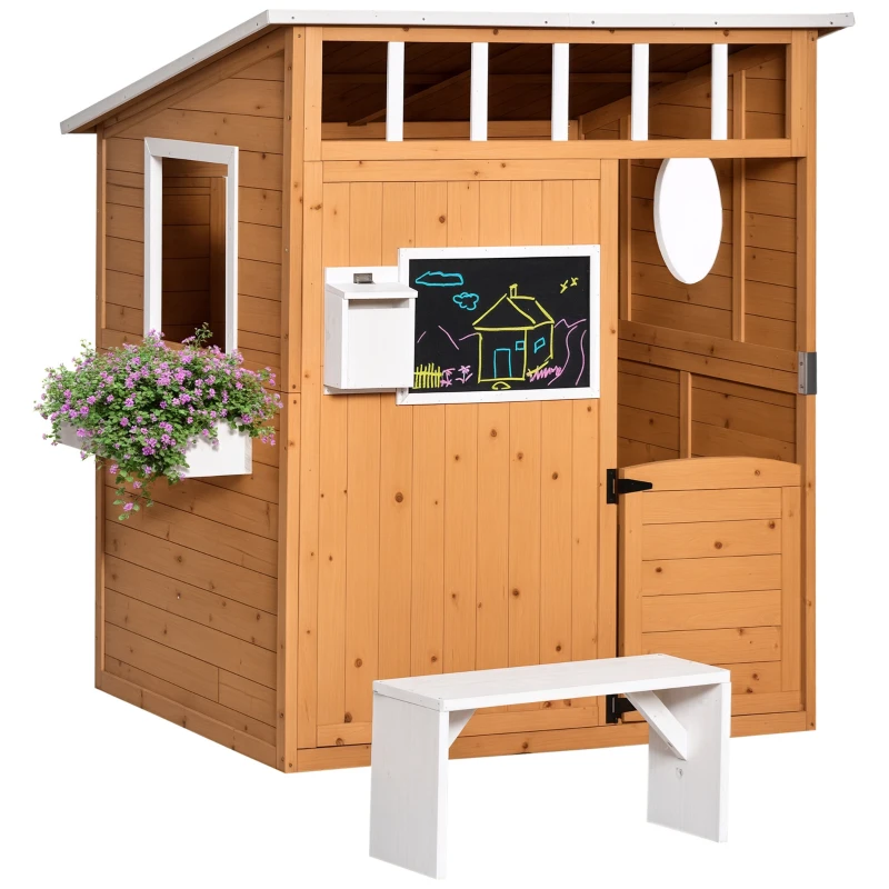 Outsunny Casetta per Bambini in Legno da Esterno con Porta, Finestre, Panca, Portavasi 122x108x135.5cm Gialla