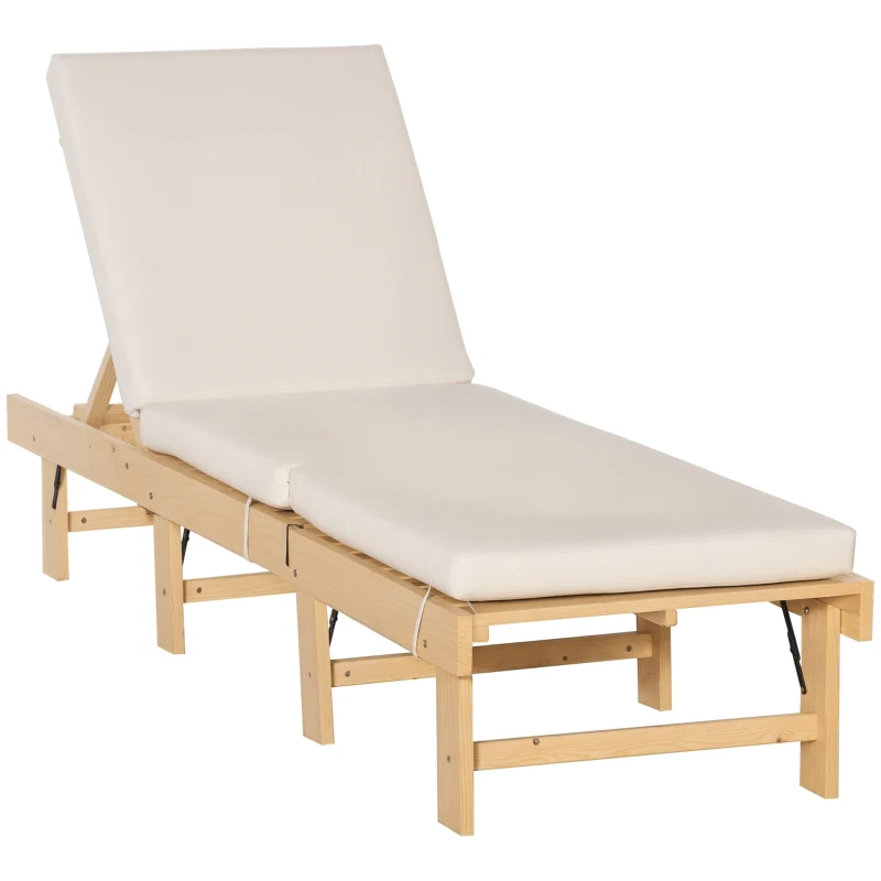 Outsunny Espreguiçadeira de Madeira Dobrável com Encosto Ajustável em 4 Posições Almofada Removível Carga Máxima 113kg para Jardim Terraço Campismo Exterior 195x59x30cm Madeira e Creme