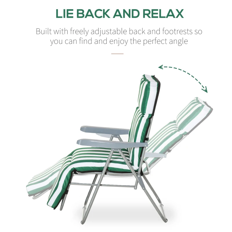 Outsunny 2 Pieces Garden Patio Furniture Set of 2, Outdoor Foldable Sun Recliners Loungers with Multi Position Relaxers Chairs and Cushions (Green White)