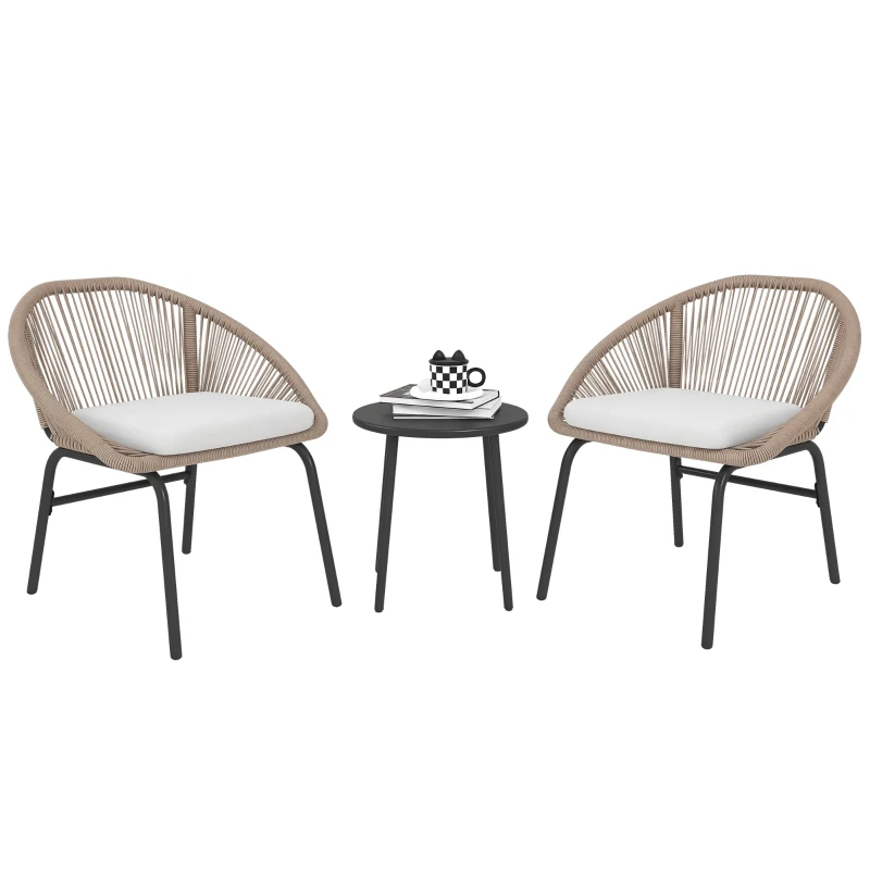 Outsunny Ensemble salon de jardin pour 2 personnes avec coussins d'assise moelleux avec corde en résine tressée et acier kaki