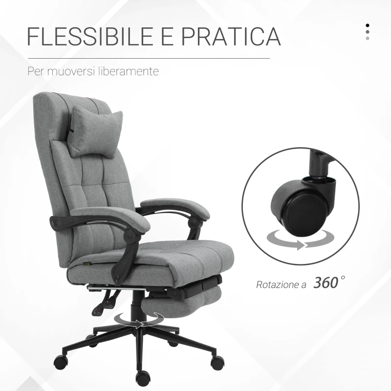 Vinsetto Sedia da Ufficio Ergonomica Reclinabile, Sedia Direzionale con Schiena Alta, Poltrona Ufficio con Poggiatesta e Poggiapiedi Estraibile, 66x76x112-120cm, Grigio