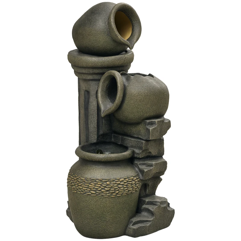 Outsunny Fontaine de jardin zen 3 jarres débit réglable pompe à eau submersible incluse dim. 36,5L x 32l x 73H cm résine gris