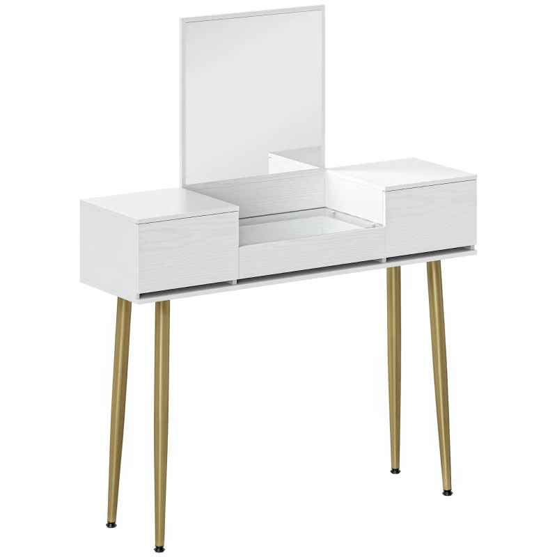 HOMCOM Tocador Elegante con Espejo Cuadrado y Cajones Organizadores 105,5x30x130,5 cm Blanco y Dorado