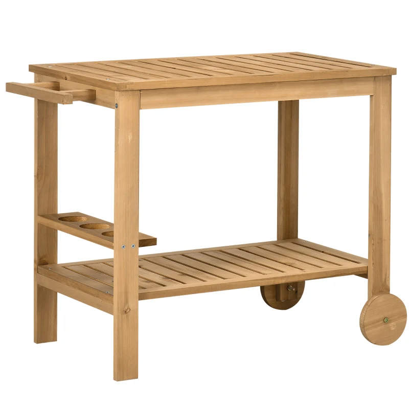 Outsunny Desserte de jardin chariot pour plancha barbecue en bois avec poignée 2 plateaux et porte-bouteilles 95 x 47 x 74 cm