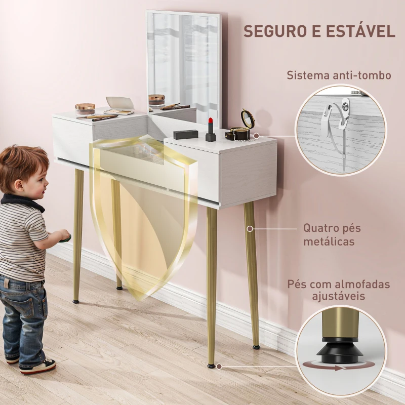 HOMCOM Tocador de Maquilhagem com Espelho Bancada de Vidro 3 Gavetas Mesa de Maquilhagem Moderna 105,5x30x130,5 cm Branco