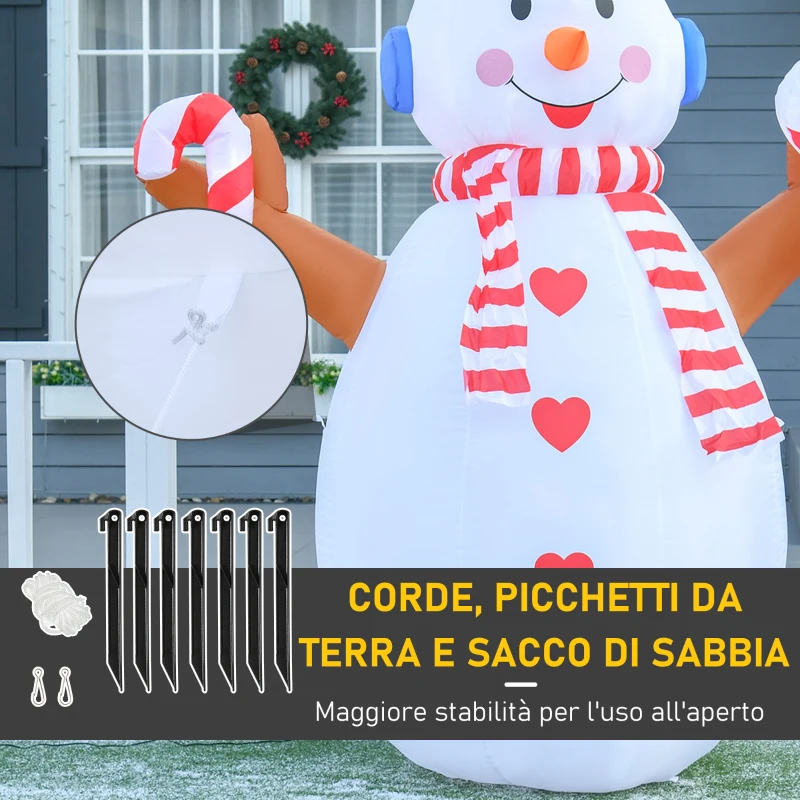 HOMCOM Pupazzo di Neve Gonfiabile 240cm, Decorazione Natalizia per Esterno con Luci a LED in Poliestere Impermeabile IP44