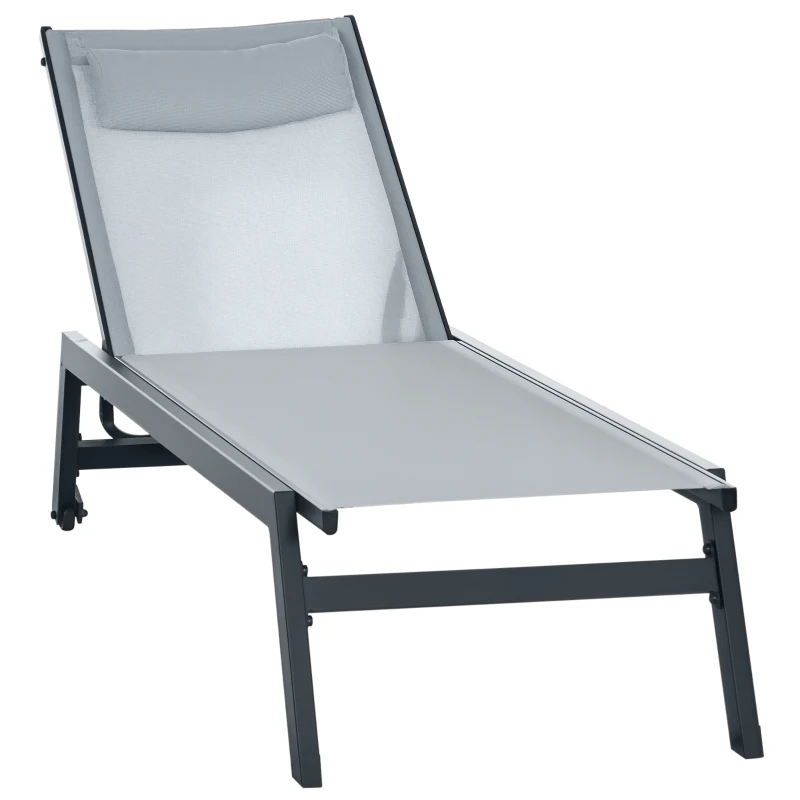Outsunny Bain de soleil transat en aluminium et textilène avec roulettes et repose-tête dossier inclinable gris clair