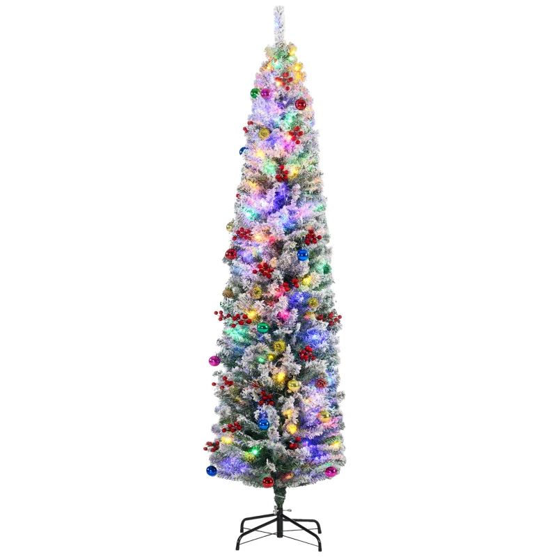 HOMCOM 7ft Snowy Artificial Christmas Tree, with Lights, Decorations and Pine Cones