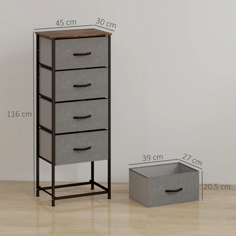 HOMCOM Fabric Chest of Drawers, Industrial Bedroom Dresser with 5 Fabric Drawers, Steel Frame and Wooden Top for Nursery, Living Room, Hallway, Rustic Brown and Grey