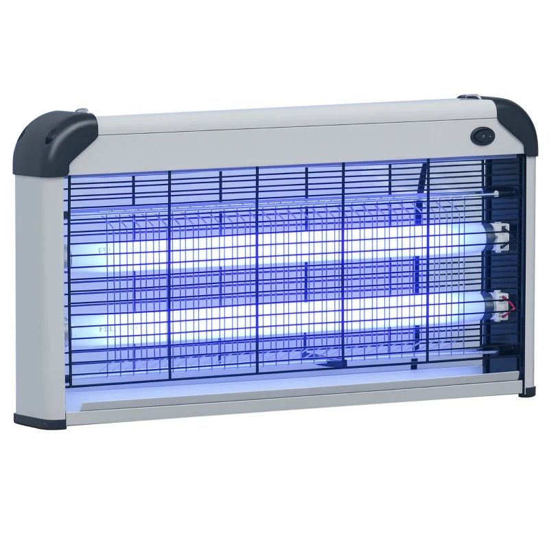 Outsunny Lámpara Antimosquitos Eléctrico 30W Mata Mosquitos Eléctrico con Luz UV Efecto 60 m² 48,5x8,5x26,5 cm Plata