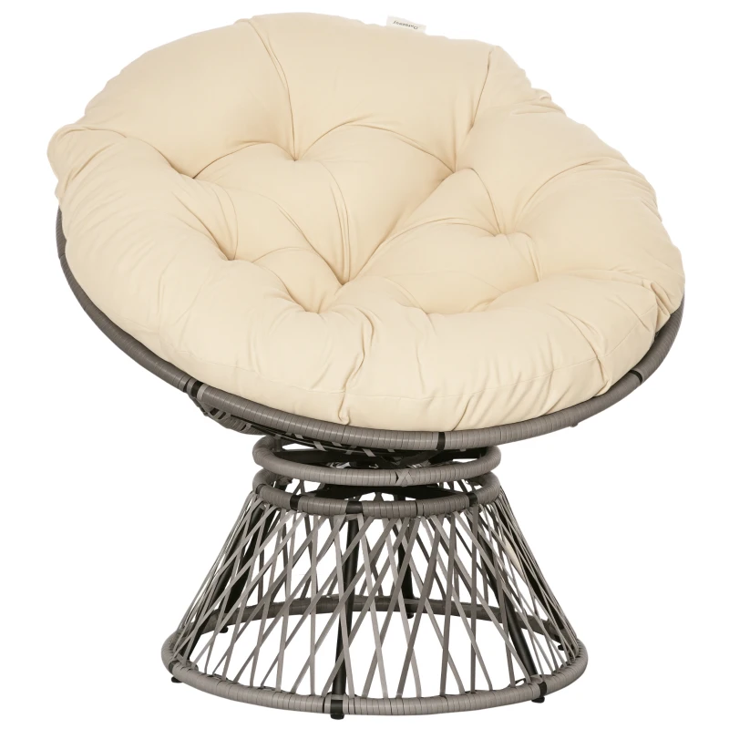 Outsunny Poltrona Papasan Giratória de Vime Sintético com Almofada e Estrutura de Aço para Jardim Pátio 87x97x90 cm Cinza e Creme