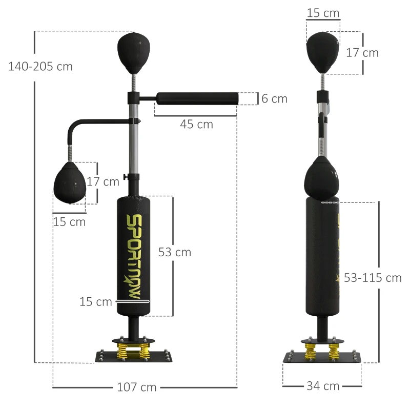 SPORTNOW Boxstand, zwei Speedballs, drehbare Boxstange, Kickpolster, höhenverstellbar, Stahl, 107 x 36 x 140-205 cm, Schwarz(m-3)