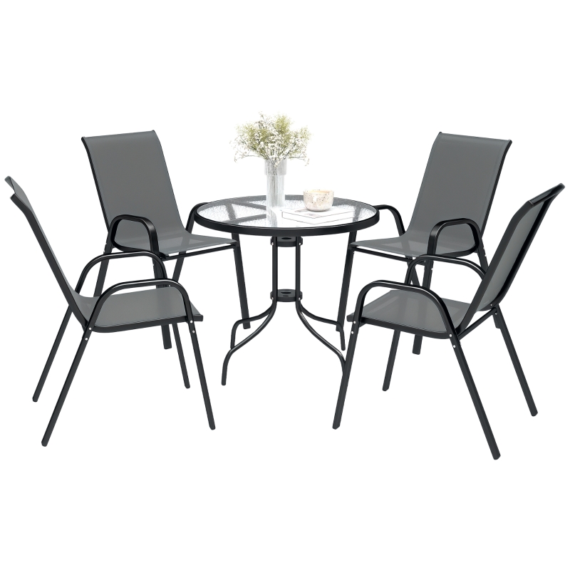 Outsunny Five-Piece Steel Patio Set, with Glass-Top Table - Dark Grey