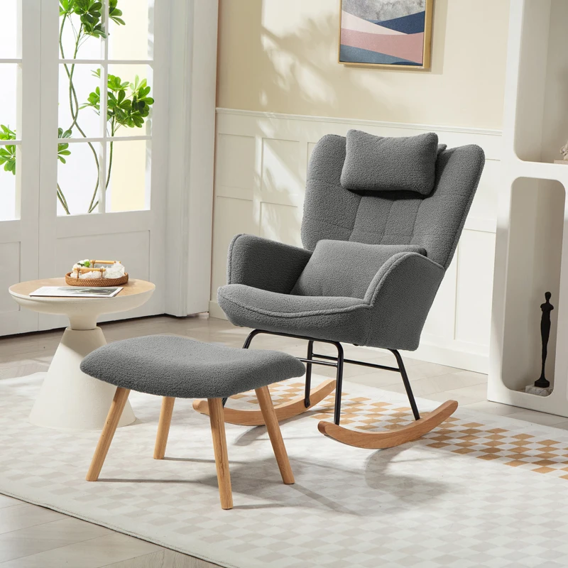 HOMCOM Fauteuil à bascule avec repose-pieds, revêtement en molleton doux, pieds en bois, coussin, dossier haut, fauteuil à bascule, Gris foncé