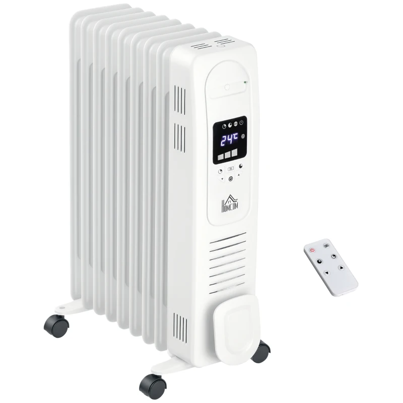 HOMCOM 2000W Digital Oil Filled Radiator, 9 Fin, Portable Electric Heater with LED Display, Timer, 3 Heat Settings, Safety Cut-Off and Remote Control, White