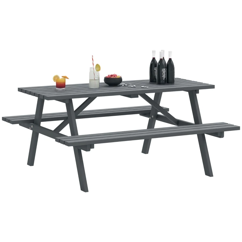 Outsunny 6 Seater Wooden Picnic Table Bench for Outdoor Garden or Patio with Parasol Cutout 150 cm Grey
