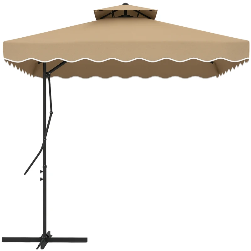 Outsunny Parasol déporté carré pour jardin avec pied en croix, poignée, lambrequin, double toit, 243L x 243l x 251H cm, kaki
