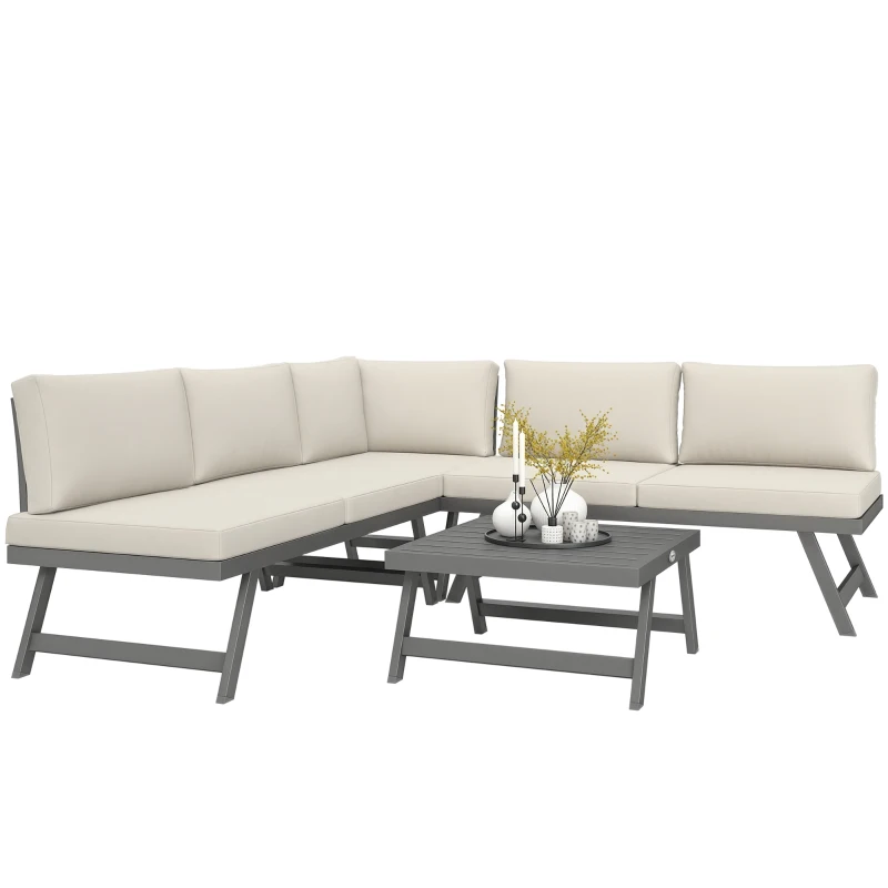 Outsunny Ensemble salon de jardin d'angle et convertible 4 pièces avec 2 banquettes, 1 fauteuil d'angle et 1 table basse