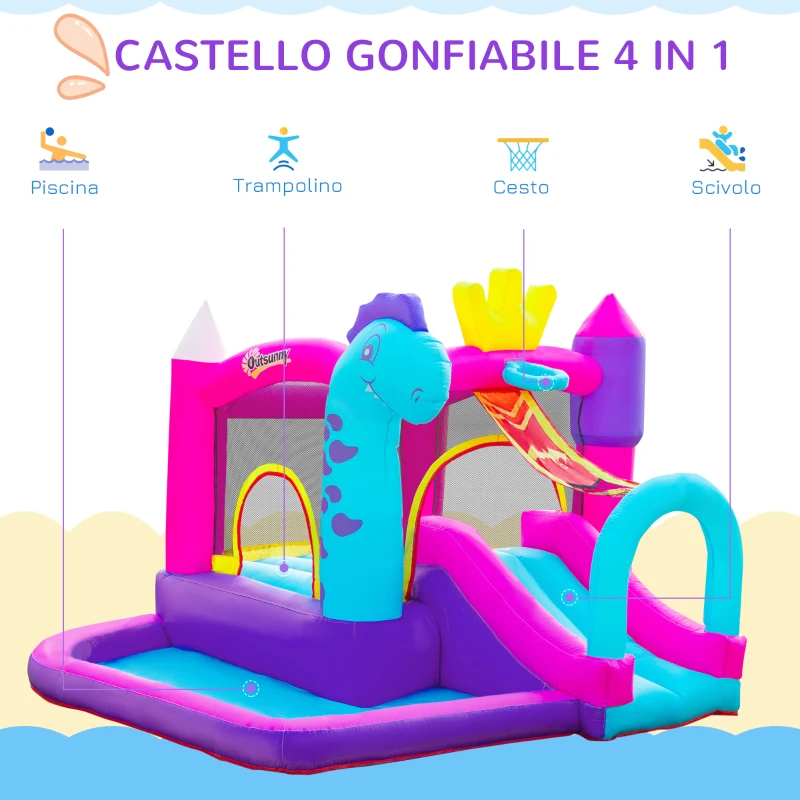 Outsunny Castello Gonfiabile per Bambini 3-8 Anni con Scivolo, Piscina e Trampolino, 3x2.7x2m