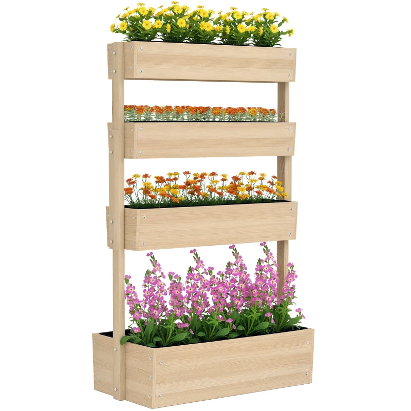 Outsunny Jardinière surélevée en bois avec 4 étages, escalier de fleurs avec doublure, trous de drainage bois naturel