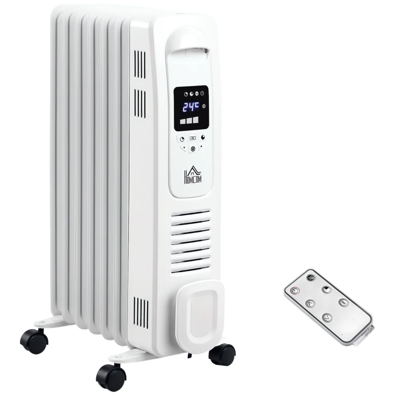 HOMCOM 1500W Digital Oil Filled Radiator, 7 Fin, Portable Electric Heater with LED Display, Built-in Timer, 3 Heat Settings, Safety Cut-Off and Remote Control, White