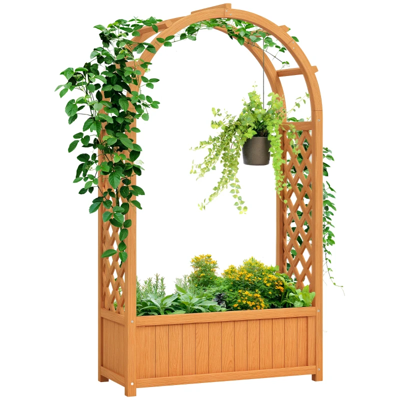 Outsunny Hochbeet Pflanzkasten mit Rankgitter, Gebogendach Spalier Pflanzkübel Holz 83 x 36 x 145cm Hellbraun
