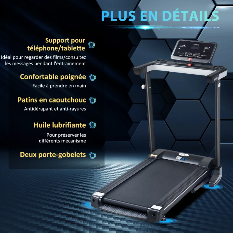 Tapis de Course Electrique Pliable - Aosom.fr x FFHandball - Tapis Roulant 1-12 Km/h 500 W écran LCD 12 programmes Noir