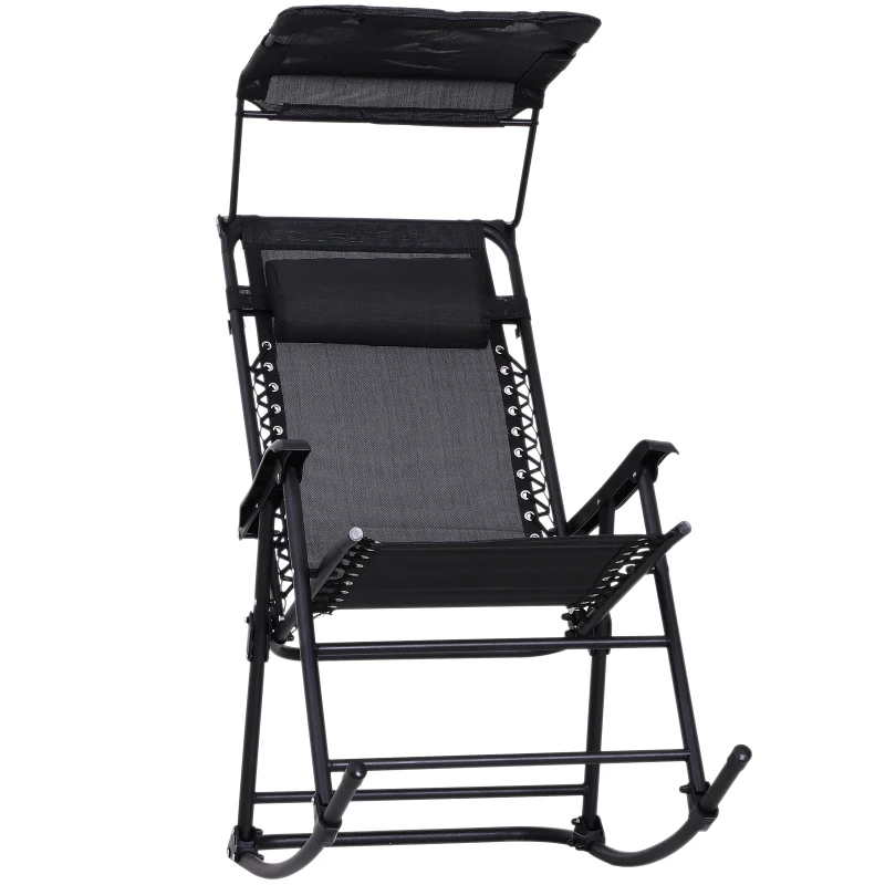 Outsunny Fauteuil à Bascule Rocking Chair Pliable de Jardin dim. 105L x 64l x 125H cm tétière + Pare-Soleil Inclus Acier époxy textilène Noir