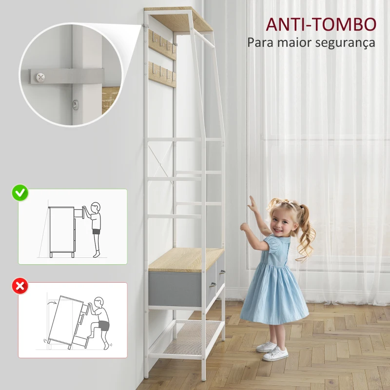 HOMCOM Móvel Cabide de Entrada com Banco Sapateira 8 Ganchos 2 Gavetas de Tecido Barra Prateleira 80x30x180,5 cm Branco e Madeira