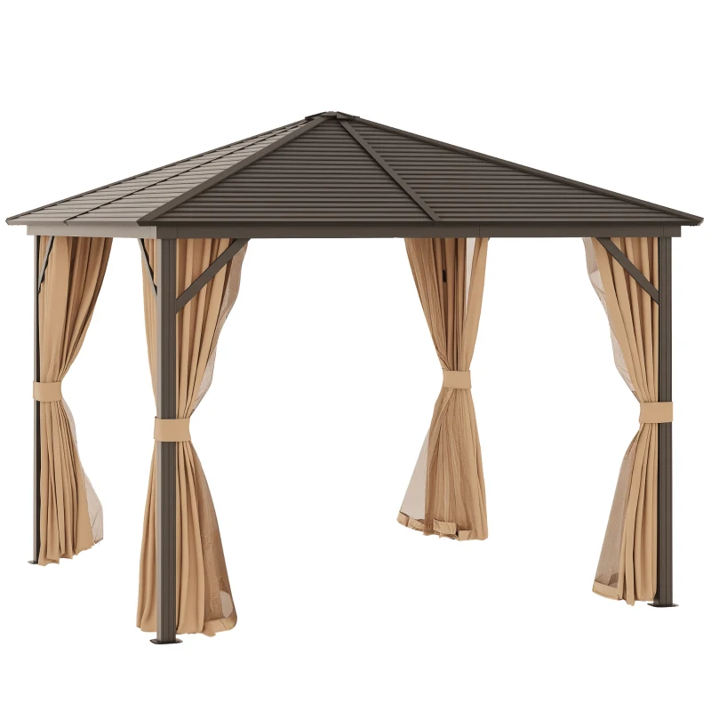 Outsunny Gazebo da Giardino 3x3m in Alluminio con Zanzariera, Tende Laterali e Tetto Rigido, Marrone