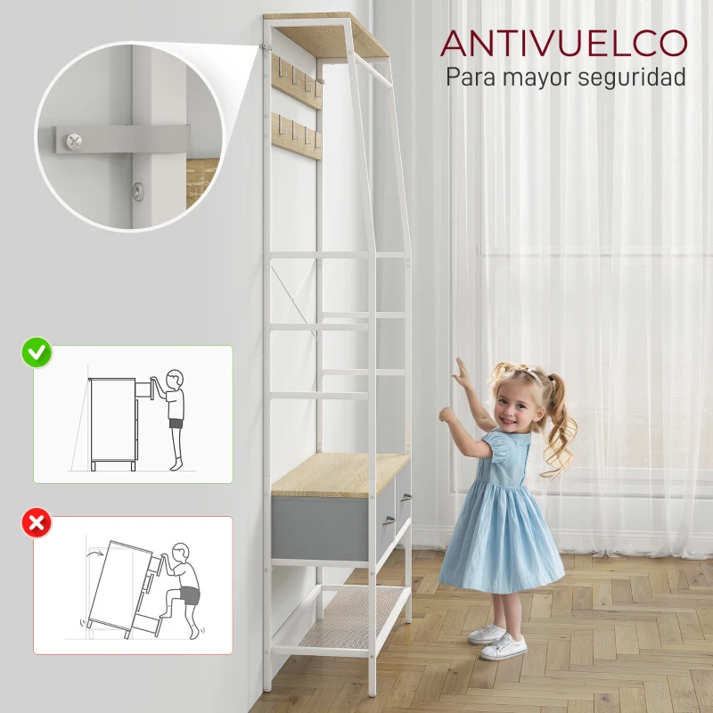 HOMCOM Perchero Zapatero con Zapatero Ganchos Cajones Barra y Eatante para Entrada Pasillo Salón 80x30x180,5 cm Natural