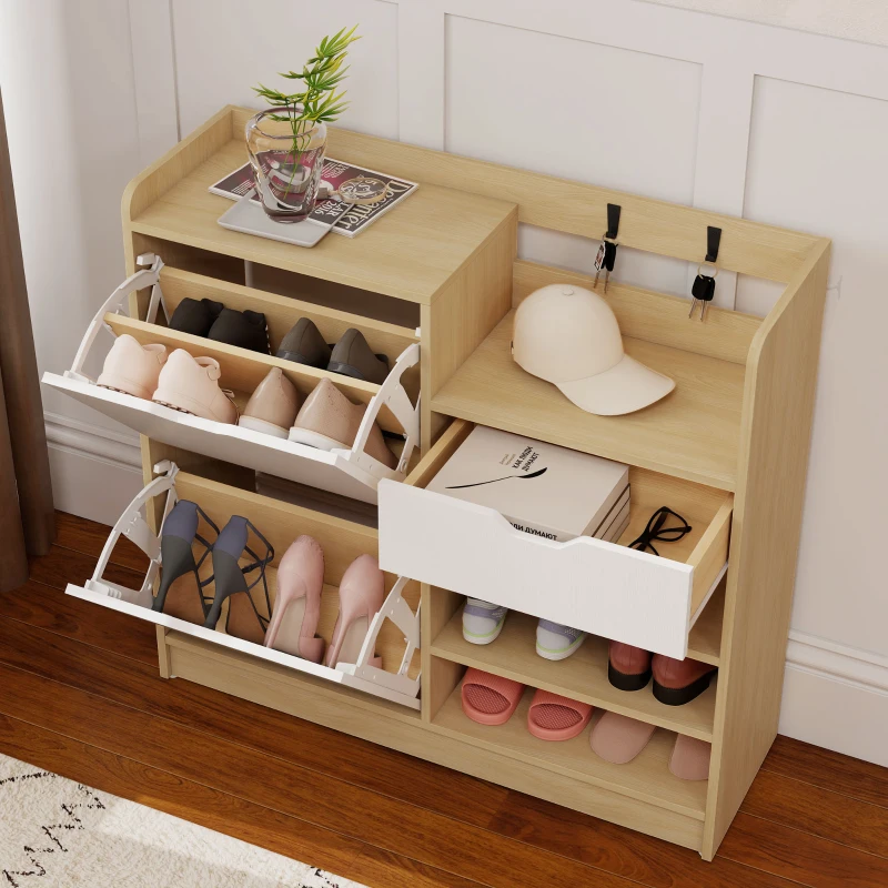 HOMCOM Schoenenrek voor hal, schoenenkast met klapladen, open planken, 4 haken, voor tot 14 paar schoenen, Wit(m-8)