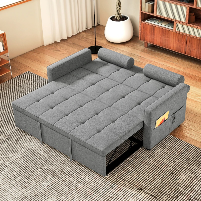 HOMCOM Sofá convertible 2 plazas 3 en 1 sofá cama con cama nido doble respaldo ajustable 2 cojines 151x137,5x84 cm Gris