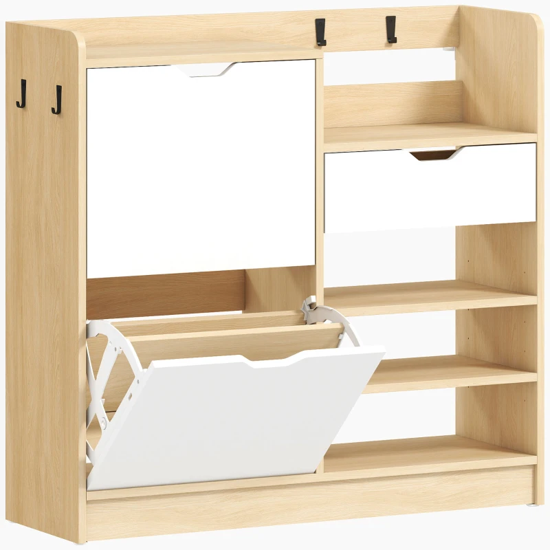 HOMCOM Estantería para Pasillo, Zapatero con Cajones Abatibles, Estantes Abiertos, 4 Ganchos, para hasta 14 Pares de Zapatos, Blanco