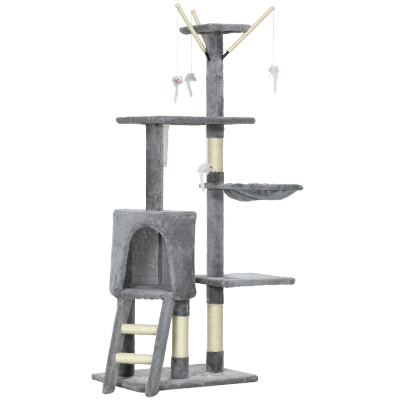 PawHut Arbre à chat tour de jeux pour chats avec griffoirs, plates-formes, échelle, hamac, 50 x 35 x 134,2 cm gris foncé