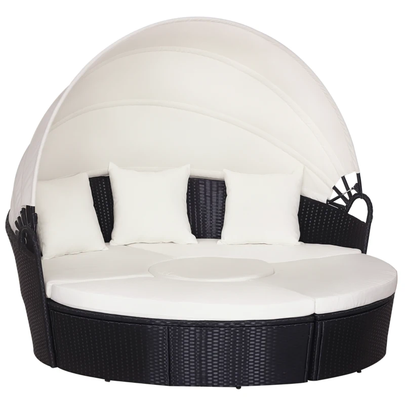Outsunny Isla de Ratán Modular para Exterior 5 Piezas Tumbona Redonda con Toldo Plegable Cojines Extraíbles Lavables y 3 Almohadas Marco de Metal 175x180x147 cm Negro y Beige