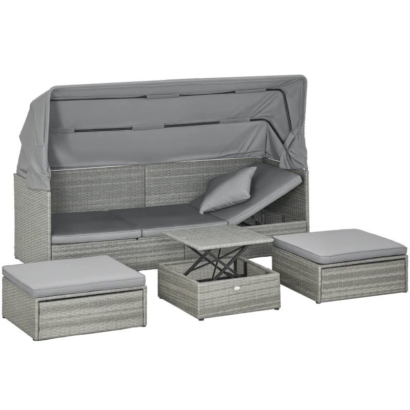 Outsunny Garten-Sofagarnitur, 4-tlg., mit Sonnendach, Kissen, Polyrattan/Metallrahmen, Grau