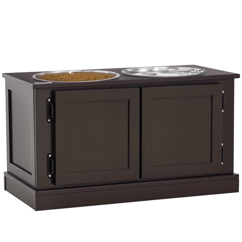 PawHut Futterstation Erhöhte Futternäpfe, inklusive Stauraum, 60 cm x 30 cm x 34 cm, Braun + Silber