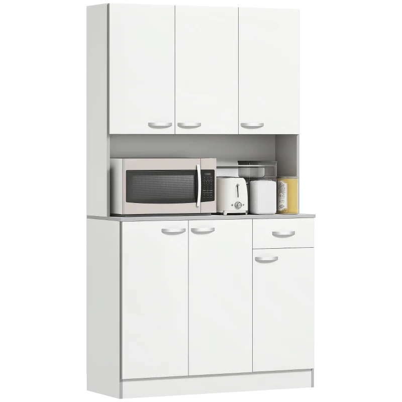 HOMCOM Buffet de cuisine armoire de cuisine contemporaine multi-rangements 6 portes 1 tiroir + grand plateau dim. 101L x 39l x 180H cm panneaux particules blanc gris