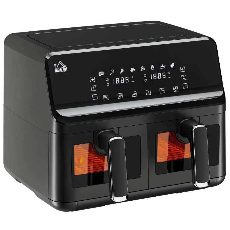 HOMCOM Friggitrice ad Aria con 2 Cestelli Indipendenti e 8 Menù, in Acciaio e PP, 38.5x38x30.5 cm, Nero