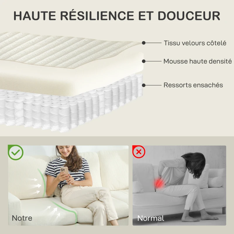 HOMCOM Canapé 3 places avec repose-pieds, canapé en velours côtelé, assise et dossier rembourrés, 192x138x85cm, beige